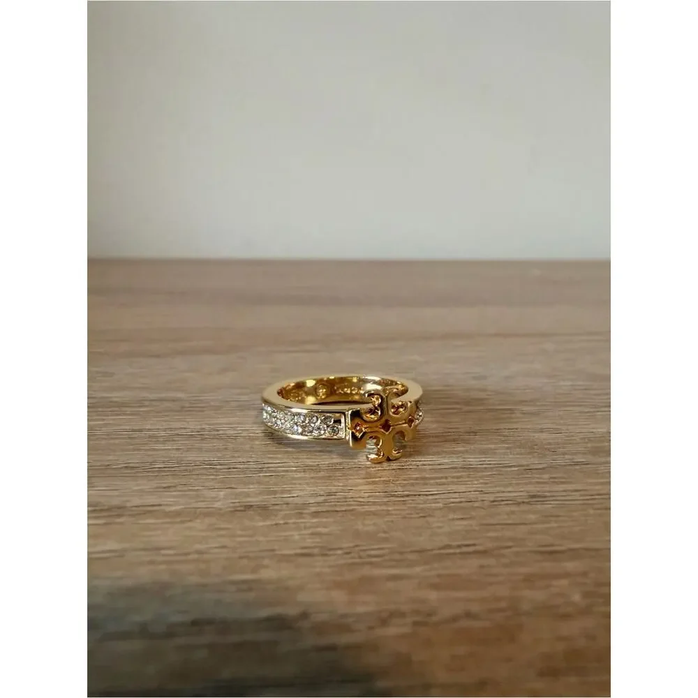 Tory Burch Crystal Miller Logo Ring Gold Tone Pave Size 7